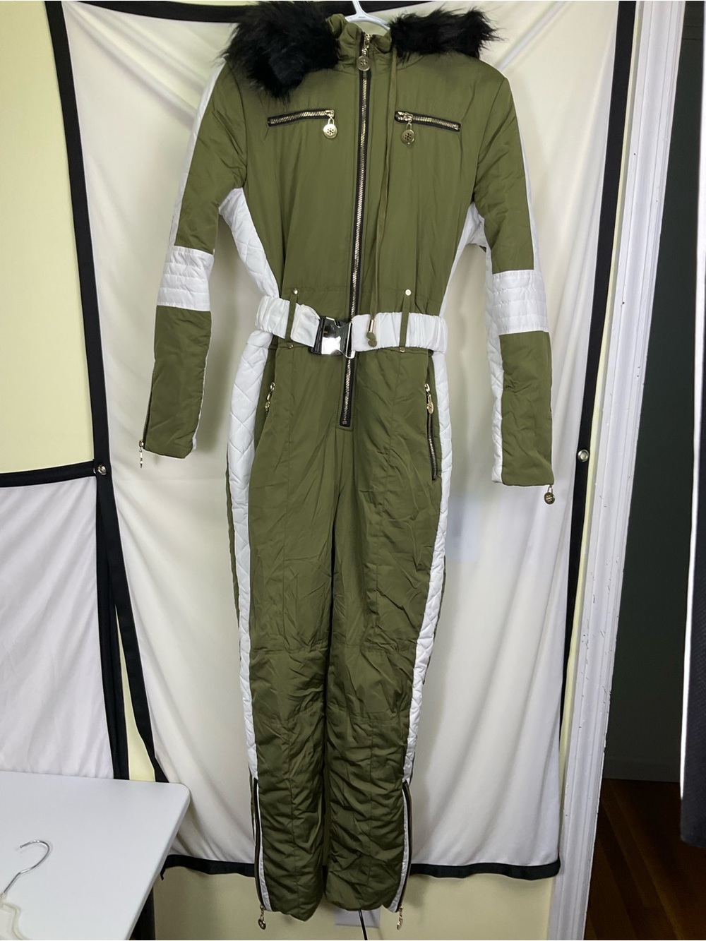 Olive and White Women's Insulated Ski Jumpsuit with Belt